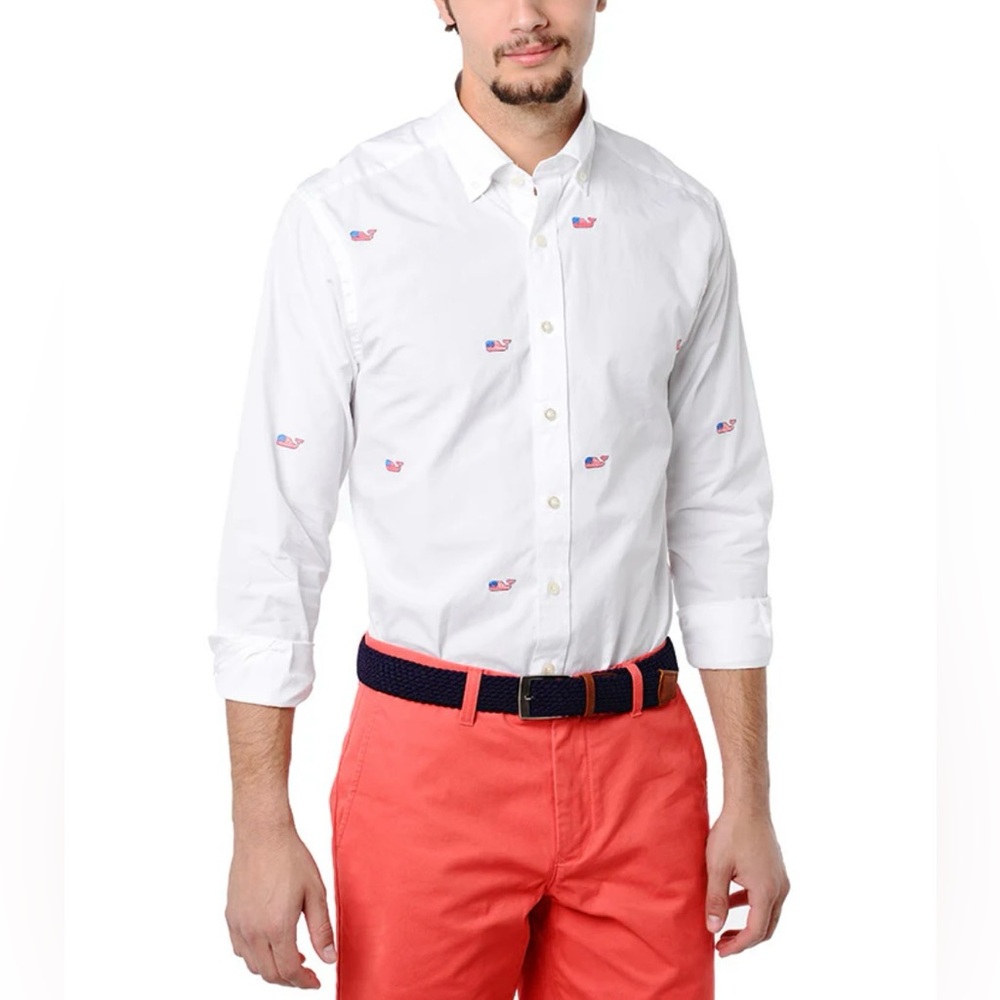 Vineyard Vines Men's Flag Whale Embroidered Slim Fit “Murray” Button Down Shirt